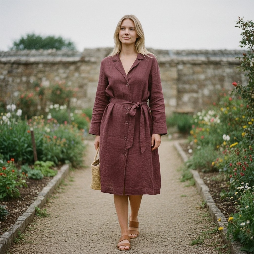 FLAX Jeanne Engelhart Linen Shirt Dress S Burgundy Belted Lagenlook Long Sleeve